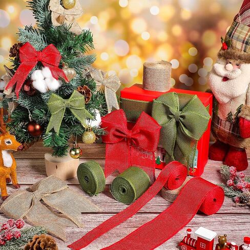 WILLBOND 6 Rolls 33 Yards Christmas Burlap Ribbon Fabric Wired Edge Ribbon Green Red Natural Ribbon Xmas Craft Ribbon Farmhouse Decorative Ribbon for DIY Christmas Holiday Decor (1'') in Saudi Arabia