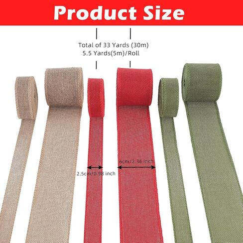 WILLBOND 6 Rolls 33 Yards Christmas Burlap Ribbon Fabric Wired Edge Ribbon Green Red Natural Ribbon Xmas Craft Ribbon Farmhouse Decorative Ribbon for DIY Christmas Holiday Decor (1'') in Saudi Arabia