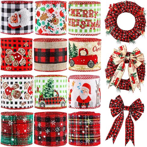 36 ياردة / 12 لفة شريط عيد الميلاد 2.5 بوصة أشرطة سلكية واسعة الجاموس منقوشة حافة سلكية أشرطة عيد الميلاد المطبوعة شريط سلكي ندفة الثلج منقوشة الشريط لفة DIY بها بنفسك إكليل عيد الميلاد الأقواس الحرف الديكور in Kuwait