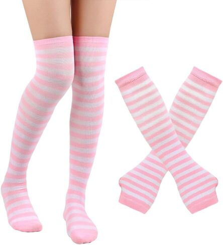 Womens Striped Knee High Socks Stockings Arm Warmer Fingerless Gloves Thumbhole Stretchy Gloves Set (Pink white) in Saudi Arabia
