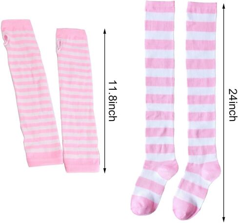 Womens Striped Knee High Socks Stockings Arm Warmer Fingerless Gloves Thumbhole Stretchy Gloves Set (Pink white) in Saudi Arabia