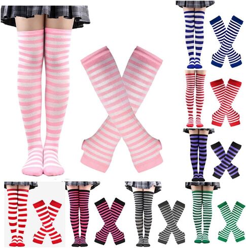 Womens Striped Knee High Socks Stockings Arm Warmer Fingerless Gloves Thumbhole Stretchy Gloves Set (Pink white) in Saudi Arabia