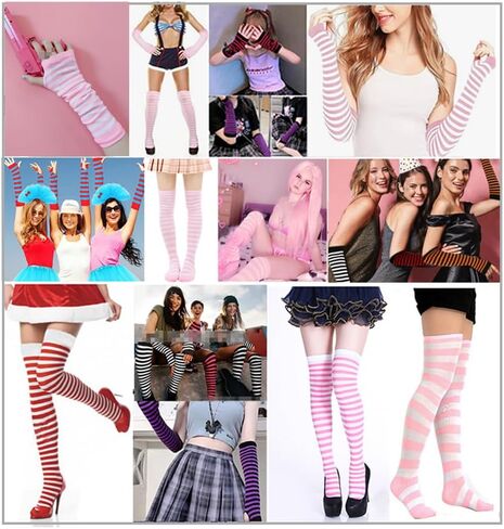 Womens Striped Knee High Socks Stockings Arm Warmer Fingerless Gloves Thumbhole Stretchy Gloves Set (Pink white) in Saudi Arabia