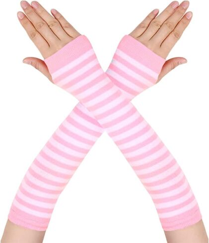 Womens Striped Knee High Socks Stockings Arm Warmer Fingerless Gloves Thumbhole Stretchy Gloves Set (Pink white) in Saudi Arabia