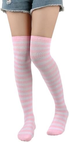 Womens Striped Knee High Socks Stockings Arm Warmer Fingerless Gloves Thumbhole Stretchy Gloves Set (Pink white) in Saudi Arabia