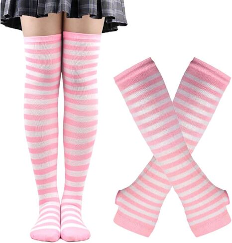 Womens Striped Knee High Socks Stockings Arm Warmer Fingerless Gloves Thumbhole Stretchy Gloves Set (Pink white) in Saudi Arabia