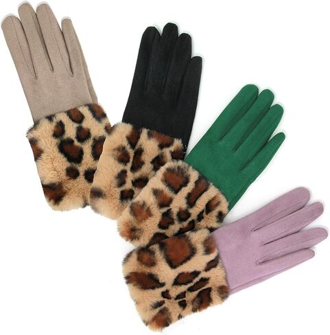 قفازات Me Plus Fashion النسائية الشتوية الأنيقة بطباعة جلد الفهد الصناعي التي تعمل باللمس (أساور من الفرو الصناعي الفهد - Mave)، مقاس واحد (للنساء مقاس XS / S / M) in Kuwait
