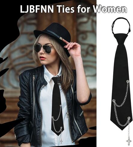 Black Ties for Women, Womens Tie with Punk Metal Chain 2.76'' Pre-Tied Necktie for Girl School Uniform Shirt Accessory in Kuwait