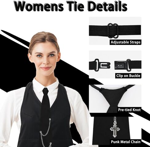 Black Ties for Women, Womens Tie with Punk Metal Chain 2.76'' Pre-Tied Necktie for Girl School Uniform Shirt Accessory in Kuwait