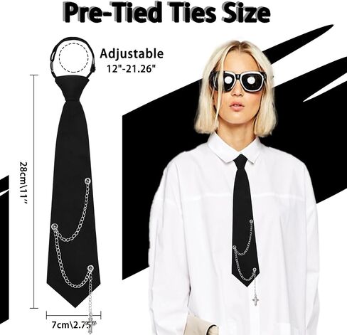 Black Ties for Women, Womens Tie with Punk Metal Chain 2.76'' Pre-Tied Necktie for Girl School Uniform Shirt Accessory in Kuwait