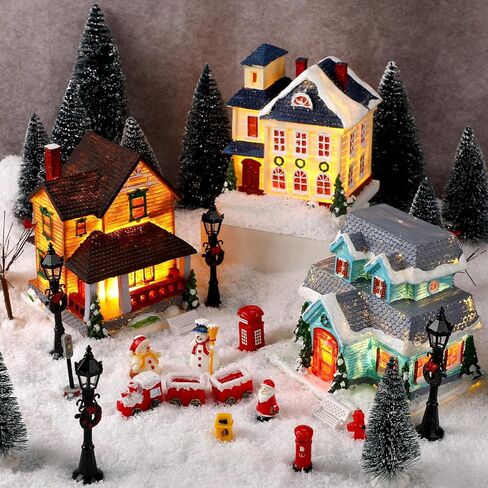 3 Set Large Christmas Village Sets Christmas Village Houses Building LED Holiday Village Snow Town Scene Accessories Resin Figurines Desktop Collection for Indoor Room Decor and Display in Kuwait