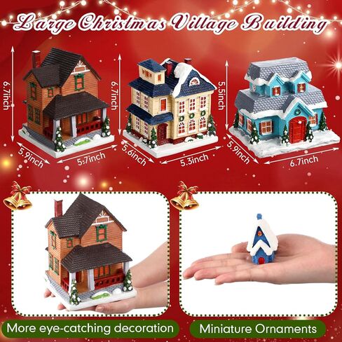 3 Set Large Christmas Village Sets Christmas Village Houses Building LED Holiday Village Snow Town Scene Accessories Resin Figurines Desktop Collection for Indoor Room Decor and Display in Kuwait
