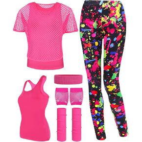 80s Costumes Outfits Accessories for Woman Party Fishnet Neon Off Shoulder T-Shirt Two Pieces Legging Pants