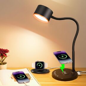 Desk Lamp, LED Desk Lamp for Home Office with USB C + A Charging Ports, Wireless Charger, 5 Colors Stepless Dimmable Reading Lamp Timer/Memory, Eye Care Touch Table Lamp Black Desk Light for Dorm