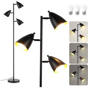 Tree Floor Lamp for Living Room, Industrial 3-Light Standing Lamp with 3 LED Bulbs, Adjustable Rotation Heads, Standing Tall Pole Lamp Farmhouse Rustic Reading Lamps for Bedroom Office (Gold)