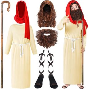 8 Pcs Child Jesus Costume Biblical Religious Costume for Boys Saint Costume Kit with Brown Robe Red Bandana White Belt Strappy Sandals Jesus Wig Beard Staff Cane for Easter Christmas Halloween