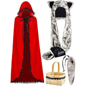 Xtinmee 5 قطع زي الهالوين للزوجين 2024 زي ذو غطاء ركوب أحمر مع سلة نزهة وزي الذئب قبعة فروي وشاح من الفرو مع ذيل مخلب للبالغين والنساء والرجال in Kuwait