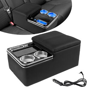 Car Center Console Armrest Organizer: with W-ireless Charging, Fast Charging, LED Light Cup Holder & Phone Holder, Rear Bench Seat Consoles with Armrest Middle Storage Box,Truck Seat Organizer for Van