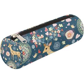 Flower Deer Bird Canvas Pencil Case for Pen Pouch Bag, Durable Compact with Zipper Round Pencil Case, Stationery Organizer Bag Purse for Kids Girls Boys School Adults Office