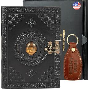 URBAN LEATHER Black Tiger Eye Journal, Grimoire Black Book of Shadows Witchcraft Wiccan Spellbook, Unlined