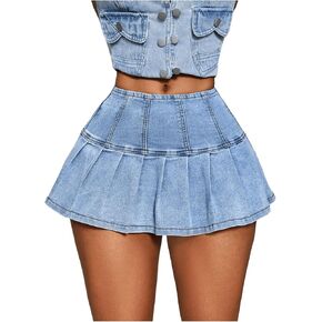 MakeMeChic Women's High Waist Mini Denim Skirt Ruffle Pleated Y2K Short Jean Skirts