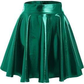 ABAFIP Women's Shiny Pleated Mini Skirt High Waisted Flared A-Line Short Rave Skater Skirts