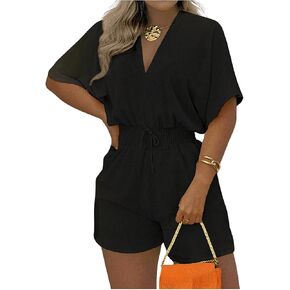 WDIRARA Women's V Neck Short Sleeve Drawstring Waist Jumpsuit Zip Back Romper Shorts