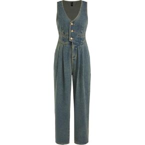 CIDER Women's Denim V-neck Belted Straight Leg Jumpsuit