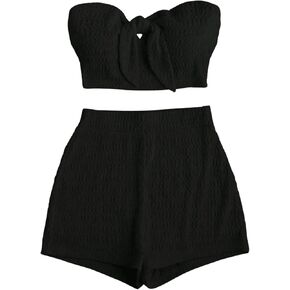 Floerns Women's 2 Piece Outfits Summer Tie Front Strapless Crop Top and High Waist Textured Shorts Set