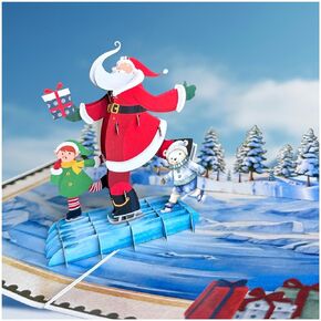 3D Santa Skating Pop Up Card, Festive Christmas Greeting with Santa, Elf, and Polar Bear, 4.7’’ x 6.7’’, Includes Envelope & Note Card
