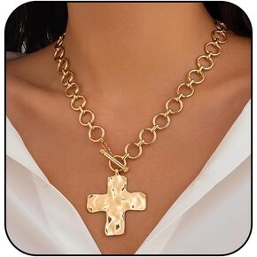 Atiptu Gold Chunky Cross Necklace for Women Statement Cross Pendant Necklace Layered Hammered Bold Cross Necklace Vintage Toggle Clasp Necklace Jewelry