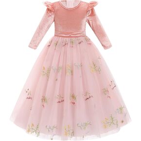 IMEKIS Toddler Kid Girl Velvet Dress Embroidered Floral Tulle Christmas Pageant Party Fall Winter Wedding Dress 3-12T