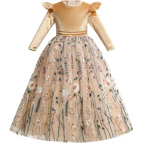 IMEKIS Toddler Kid Girl Velvet Dress Embroidered Floral Tulle Christmas Pageant Party Fall Winter Wedding Dress 3-12T
