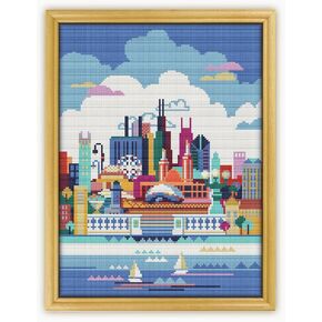 Chicago USA CS077-2 - Counted Cross Stitch KIT#2 Prime. Set of Threads, Needles, AIDA Fabric, Needle Threader, Embroidery Clippers and Printed Color Pattern Inside.