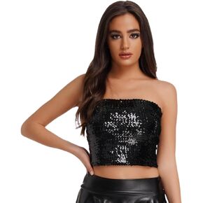 Women's Sparkling Sequin Tube Top Sexy Stretchy Strapless Crop Top Camisole for Costume Party Clubwear