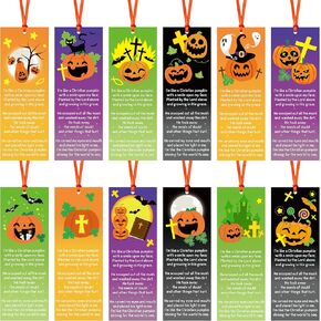 Haooryx Halloween Pumpkin Prayer Bookmark - 120Pcs Religious Bible Verses Pumpkin Bookmarks Christian Tracts Tag Book Markers for Halloween Party Sunday Church Baptism Gift Book Lovers School Rewards