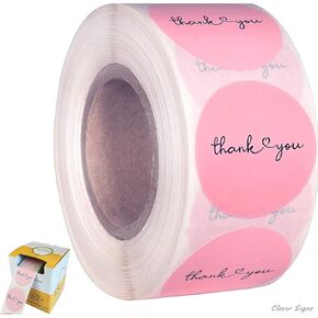 Thank You Stickers | 1.5 inches 1000 Pink Stickers | Dispenser Box | Unique Desing Thank You Stickers Roll | Great for Thank You Cards, Wedding Favors, Birthday, Baby Shower, Mailing Bags