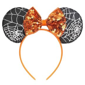 CONERY Halloween Mouse Ear Headband Orange Sequin Bow Hair Hoop Spider Web Hair band Hair Accessories for Halloween Decorations Party Supplies Headwear for Women Girls