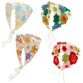 4 PCS Crochet Bandanas Headbands Cute Flowers Hairbands Pink Knitted Headscarf Green Daisy Head Scarf Foral Headwrap for Thin Thick Hair Curly Bcak Head Kerchief for Women Girls Hair Accessories