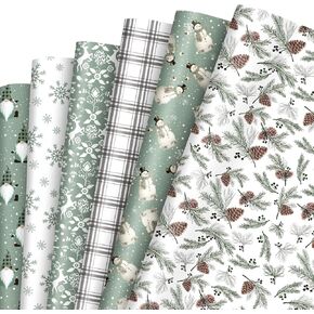 Whaline 12 Sheets Christmas Wrapping Paper - Not Roll - Sage Green Snowman Pinecone Gift Wrap Paper Folded Flat for DIY Craft Xmas Winter Wedding Party, 19.7 x 27.6 Inch