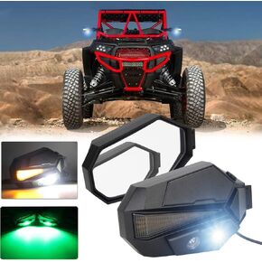 UTV Mirror Lights with Led Spot Light Green Attract Animals, White Illuminate Driving, Yellow Turn Signal Rear View Side Light for 1.5-2.5 Inch Roll Bar UTV ATV Polaris RZR Ranger (Mirrors HS-J8301)