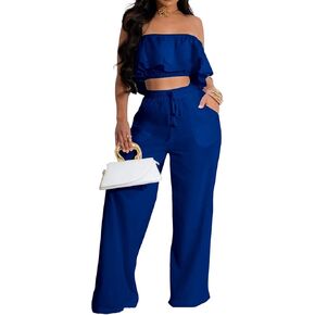 Elegant Two Piece Cover Ups for Women Vacation Sexy Blue Off The Shoulder Tube Top Wide Leg Pants Bikini Sets Swimwear Beach with Drawstring(2X-Large)
