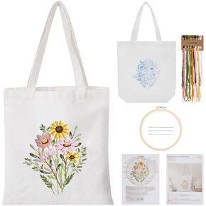 FREEBLOSS Canvas Tote Bag Embroidery Kit for Beginners White Embroidery Tote Bag Kit Mixed Flowers Canvas Tote Bag Hand Stitch Embroidery Tote Bag Kit with Hoop and Patterns, Instructions Included