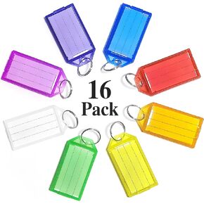 16 Pack Plastic Key Tags with Label: Key Labels with Split Ring and Label Window - Key Chain Identifiers Markers Tags for Luggage Bags Suitcases and Backpacks - 8 Colors