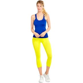 MOPAS Leggings - Women's Ribbed Waistband Capri Length Plain Leggings - Yellow