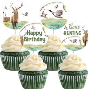 JOYMEMO 24 Pcs Hunting and Fishing Birthday Cupcake Toppers - Gone Hunting Fishing Birthday Party Supplies for Boys Girls, Double Sided Hunter Fisherman Birthday Cupcakes, Mallard Duck Theme Bday