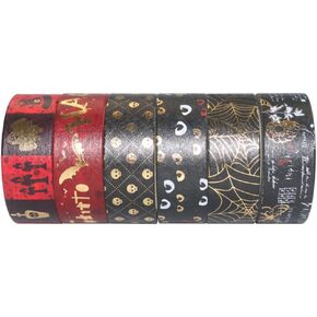 Ciieeo Vintage Decor 6 Pcs Halloween Washi Tape Set Black and Gold Bat Skull Head Spider Web Paper Masking Tape Halloween Craft Wrapping Tape Diary Sticker for Scrapbook Planner Orange Decor