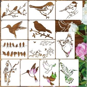 Birds Stencils for Painting on Wood Crafts - Reusable Hummingbird on Tree Branch & Owl Paint Stencil for Card Making, Wall, Fabric, Shirt, Furniture(12 Bird A6)