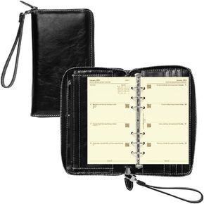 Filofax Malden Zip Organizer, Personal Compact Size, Black - Tactile, Full-Grain Buffalo Leather, Six Rings, Cotton Cream Week-to-View Calendar Diary, Multilingual, 2025 (C022630-25)