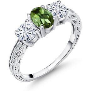 Gem Stone King 1.82 Cttw 7X5MM Oval Green Tourmaline and 5MM Round Moissanite 3-Stone Ring for Women | 925 Sterling Silver | 3 Stone Wedding Engagement Anniversary Promise Ring For Women